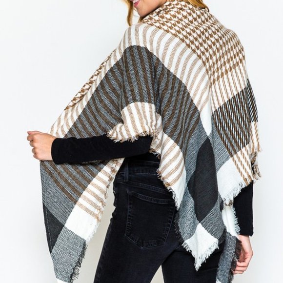 Houndstooth Plaid Triangle Scarf, Tan/Black/White - Picture 2 of 8